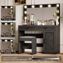 MoolSun Modern Minimalist Dressing Table With Smart LED Mirror & Adjustable Brightness - Adjustable Brightness Makeup Desk,Women's Vanity Desk With Hidden Drawer Storage, Accent Lighting, And Makeup Organizer For Bedrooms, Apartments, Or Boudoir,Influencer Makeup Studio Setup - (G+stool) Đen - Xem 4