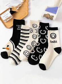 5 双黑白脸图案中筒袜可爱百搭户外袜子适合户外运动