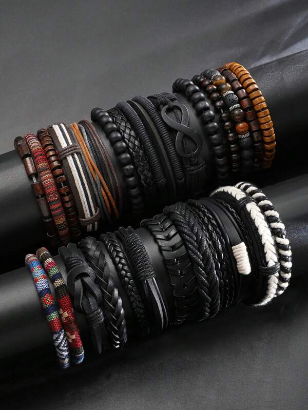 Conjunto de 5-26 peças/conjunto de contas de madeira retrô e pulseiras ajustáveis de couro para homens, casual, versátil, adequado para uso diário, namoro, festa, aniversário, natal, dia dos namorados, ação de graças, presente de feriados de ano novo