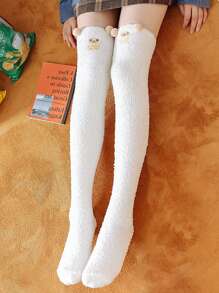 1 Cặp tất cao đến đầu gối, đùi, chất liệu nỉ san hô dày ấm áp họa tiết động vật hoạt hình dễ thương cho mùa thu/đông - trắng - Xem 2