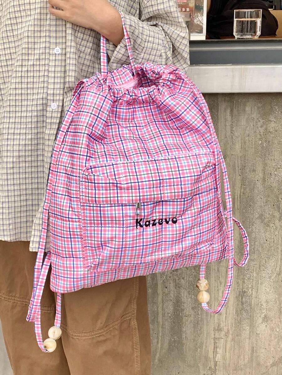 1pc Casual Lightweight DoubleColor Plaid Letter Embroidered Foldable