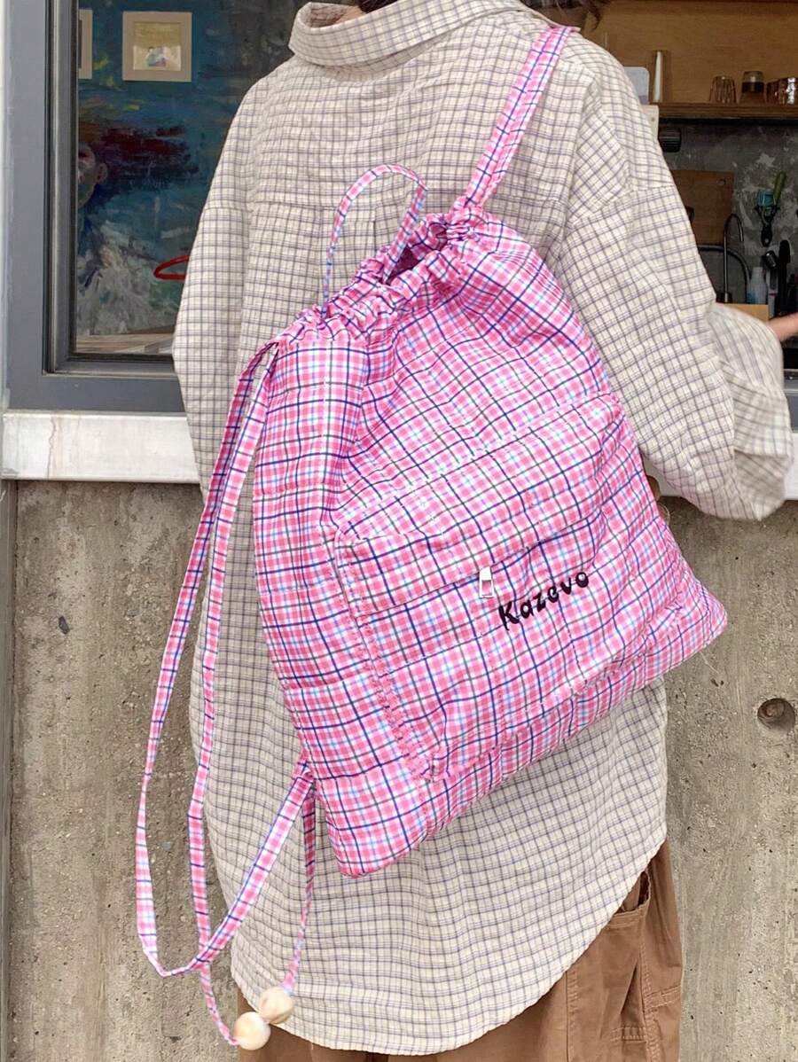 1pc Casual Lightweight DoubleColor Plaid Letter Embroidered Foldable