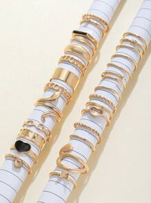 27 件/套夏季时尚心形和方形金戒指套装女士戒指情人节复活节母亲节礼物适合女性夏季海滩搭配 - 金黃色 - 查看 7