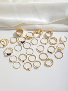 27 件/套夏季时尚心形和方形金戒指套装女士戒指情人节复活节母亲节礼物适合女性夏季海滩搭配 - 金黃色 - 查看 3