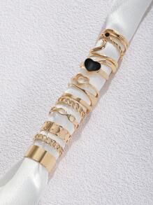 27 件/套夏季时尚心形和方形金戒指套装女士戒指情人节复活节母亲节礼物适合女性夏季海滩搭配 - 金黃色 - 查看 9