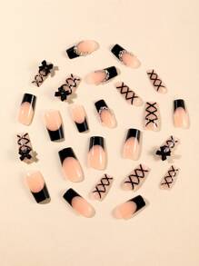 24Pcs Medium Length Squared Black French Tip Nails With Cross-Tie Bow And Rhinestone Decor, Detachable Press On Nail Set For Daily Wear Nail Supplies Nails - Multicolor - View 3