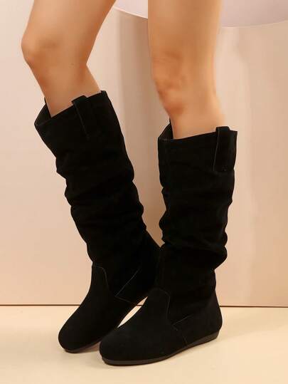 女式 2024 年时尚褶皱及膝靴，复古时尚百搭一脚蹬圆头保暖平底靴