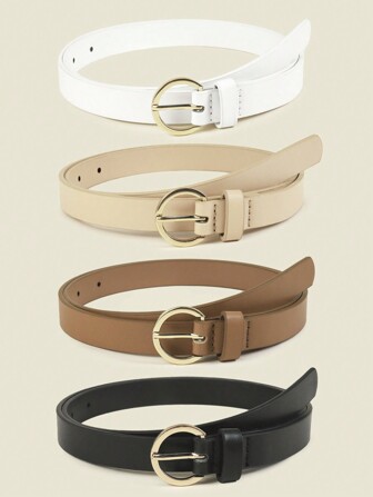 4 件装 女士经典 PU 皮带 纯色 简约细腰带 半圆扣 适合牛仔裤 加大腰带