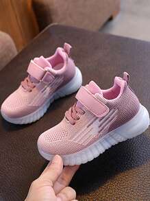 1 par de zapatillas deportivas de punto de moda para niños con cordones y cierre de gancho y bucle, aptas para senderismo y deportes al aire libre