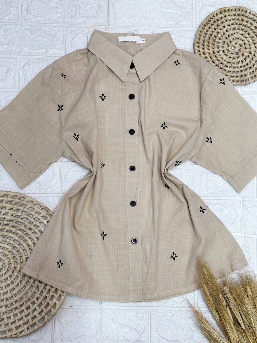 Women's Blouse Linen Shirt With Embroidery FL-17050 - 米色 - 查看 1