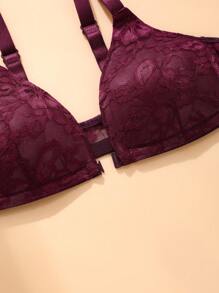 1套女士前开式无钢圈文胸女聚拢小胸蕾丝边性感美背文胸套装 - 酒紅色 - 查看 6