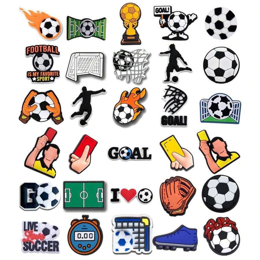 30pcs Football Match Series Shoe Charms Set For Clogs Bubble Slides Sandals, PVC Shoe Decorations Beach Bag Accessories Gift Idea For Birthday Christmas Halloween Party Favors - Multicolor - View 1