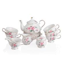 Sweejar Home 21-Pieces Porcelain Tea Set, Vintage Floral Gift Tea Set, Tea Service For Adults, With Teapot, Sugar Bowl, Creamer Pitcher And Spoons, For Tea/Coffee, Suitable For Party - 粉紅花 - 查看 1