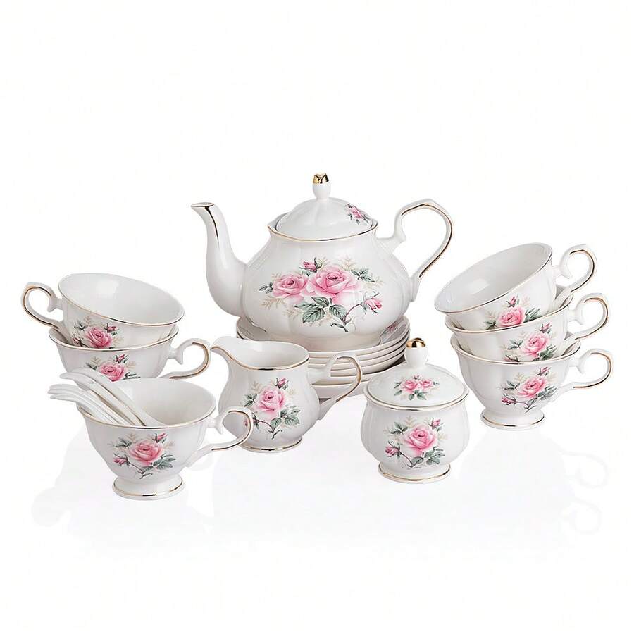 Sweejar Home 21-Pieces Porcelain Tea Set, Vintage Floral Gift Tea Set, Tea Service For Adults, With Teapot, Sugar Bowl, Creamer Pitcher And Spoons, For Tea/Coffee, Suitable For Party - 粉紅花 - 查看 1