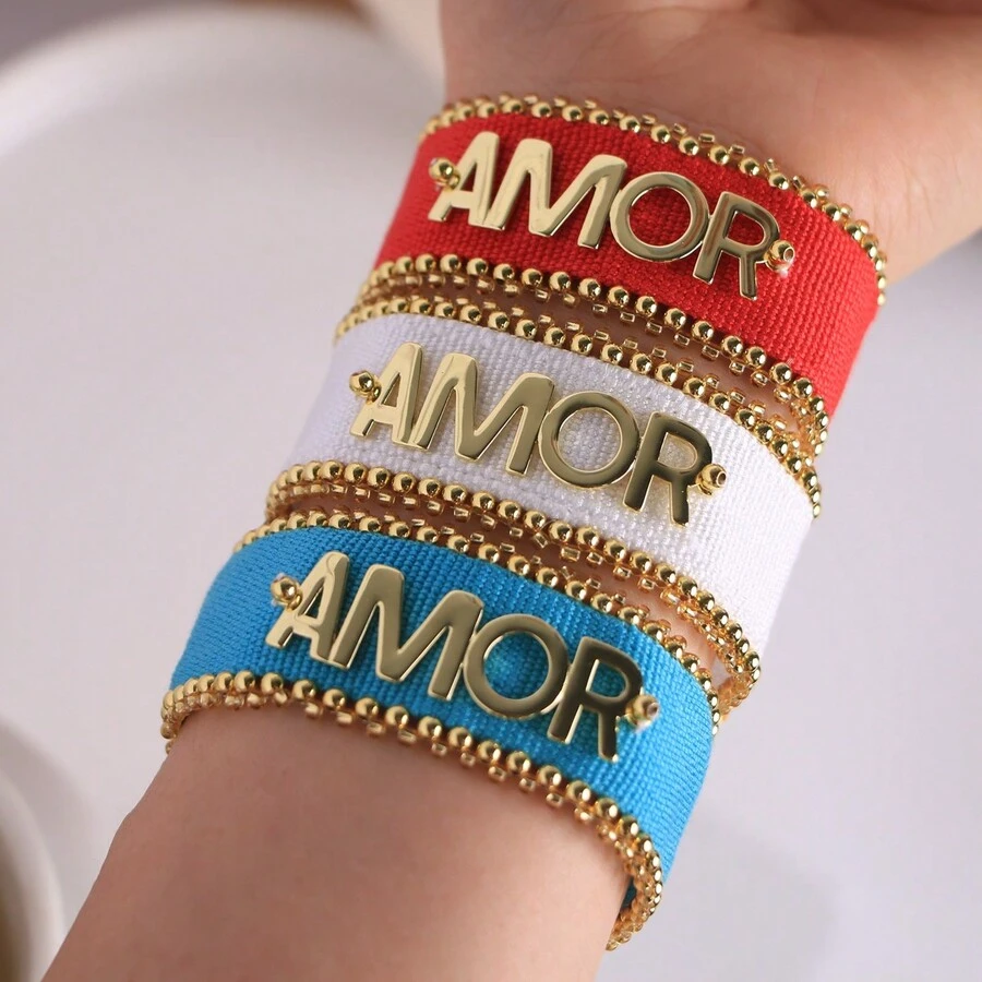 1 件手工设计彩色针织面料编织字母配 18k 镀金手链吊坠女式手链 - Charm Bracelet - 查看 1