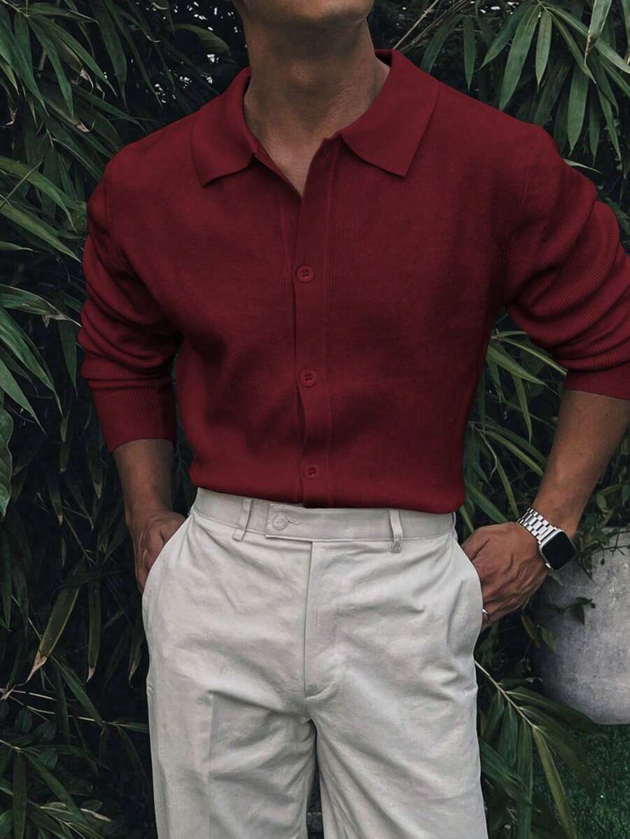 NITAGUT Men's Solid Color Button-Front Long Sleeve Simple Knitted Sweater, Casual Everyday Wear - Red - View 1
