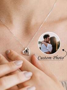 1PC Vòng cổ chiếu ảnh • Vòng cổ chiếu ảnh • Vòng cổ chiếu ảnh trái tim • Vòng cổ hình ảnh • Vòng cổ tưởng niệm Quà tặng Giáng sinh Lễ Tạ ơn - Bạc - Xem 1