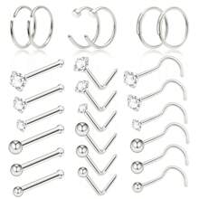金色不锈钢鼻环 L 型鼻钉 螺纹鼻环 骨形银色套装 男女通用 20G 鼻环鼻钉 10-36 个装 - 銀色 24個鼻釘鼻環套裝 - 查看 15