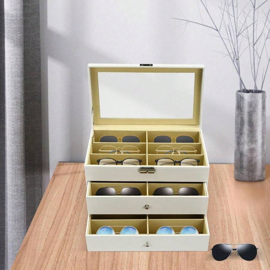 SHZICMY 3 Layer 18 Slots Eyeglass Sunglass Storage Watch Box Eyewear Accessories Display Glasses Storage Case Organizer (3 Layer 18 Slots,White) - 白色 - 查看 1