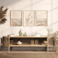 Conjunto de 3 impresiones de arte de pared estilo boho sin marco de temática costera neutra, incluye impresión de pasto pampa, minimalista, fotografía paisajística del océano, decoración estética para el hogar, arte de pared impermeable en lienzo, pintura mural para regalo, dormitorio, sala de estar, oficina, baño, hogar y decoración de dormitorio