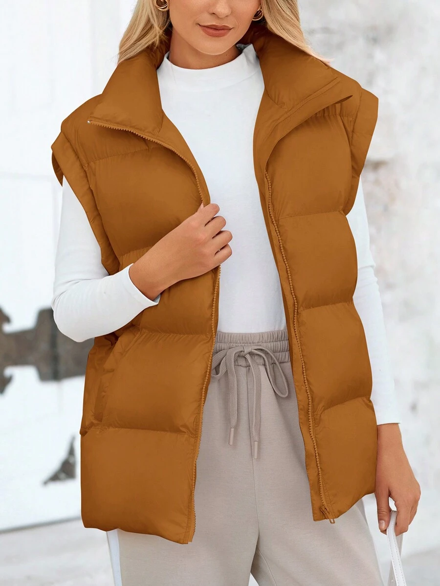 Women's Padded Waistcoat Autumn Casual Stand Collar Light Sleeveless Zipper Padded Jacket
