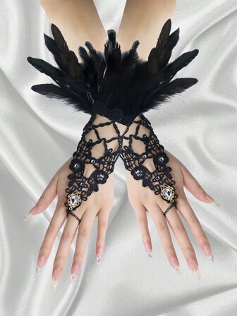 Lace Gloves With Feathers, Rhinestones & Cutouts, Hand Decor Bracelet, Halloween Accessories, Masquerade Party & Cosplay Stage Props
