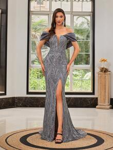 LOVE&LEMONADE 灰色 V 领露肩亮片开衩长款晚会礼服（花卉印花可能有所不同），正式舞会礼服，适合婚礼嘉宾、毕业典礼、晚宴 - 灰色 - 查看 3