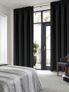 1 件纯色仿丝遮光窗帘，质地柔软细腻，隔热防风，适用于客厅和卧室装饰 - 黑色 - 查看 1