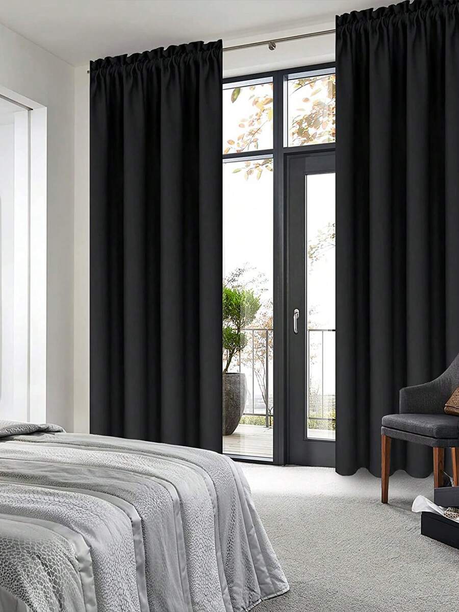 1 件纯色仿丝遮光窗帘，质地柔软细腻，隔热防风，适用于客厅和卧室装饰 - 黑色 - 查看 1