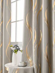 1 件遮光波浪图案窗帘，金箔印花，适用于客厅和卧室 - 灰色 - 查看 3