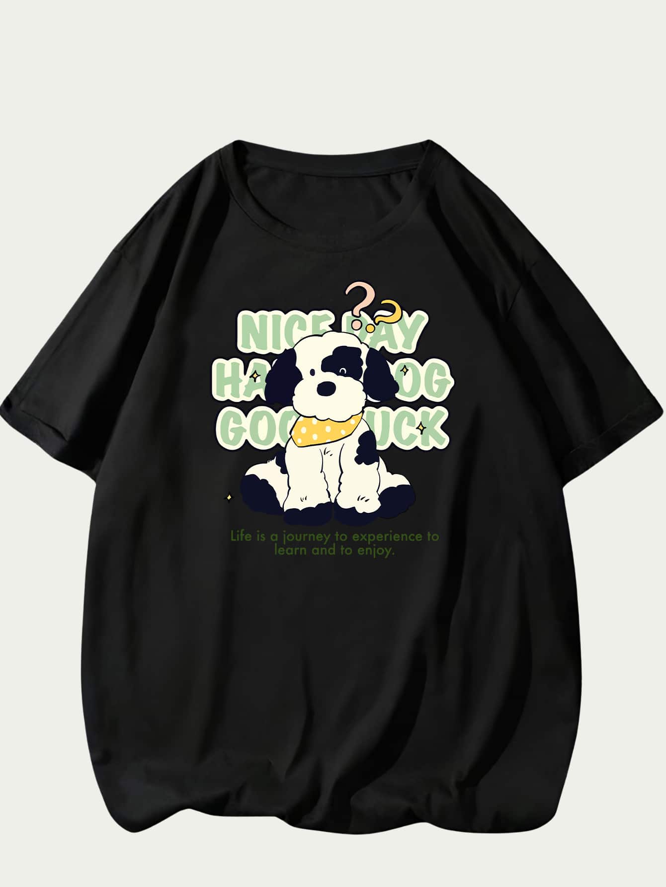 Nice Day T-Shirt Cute Dog Print Men's Shirt Premium Cotton Comfort Short Sleeve Casual - 黑色 - 查看 1