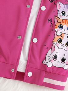 Little Girl Fun Heart Cat Pattern Cartoon Print Jacket, Button Front Design, Comfortable Fabric, Children's Casual Outdoor Everyday Jacket - Hot Pink - View 5