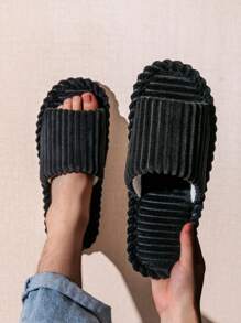Women's Minimalist Bedroom Slippers, Fashion Indoor Corduroy Striped Open-Toe Slippers For Men, Suitable For Autumn, Winter, All Seasons, Couples & Family, Wooden Floor, Warm And Comfortable Home Shoes - Black - View 1