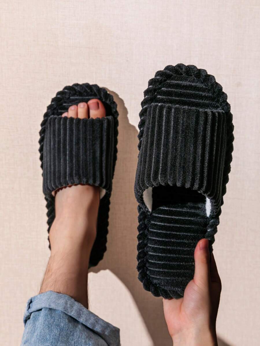 Women's Minimalist Bedroom Slippers, Fashion Indoor Corduroy Striped Open-Toe Slippers For Men, Suitable For Autumn, Winter, All Seasons, Couples & Family, Wooden Floor, Warm And Comfortable Home Shoes - Black - View 1