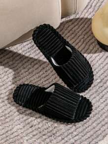 Women's Minimalist Bedroom Slippers, Fashion Indoor Corduroy Striped Open-Toe Slippers For Men, Suitable For Autumn, Winter, All Seasons, Couples & Family, Wooden Floor, Warm And Comfortable Home Shoes - Black - View 4