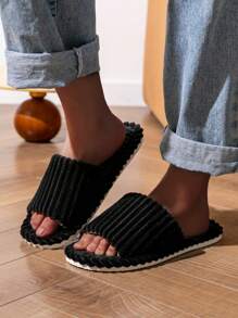 Women's Minimalist Bedroom Slippers, Fashion Indoor Corduroy Striped Open-Toe Slippers For Men, Suitable For Autumn, Winter, All Seasons, Couples & Family, Wooden Floor, Warm And Comfortable Home Shoes - Black - View 3