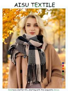 1 件女士格子围巾，超大披肩，非常适合办公室和日常穿着，冬季 - 多色 - 查看 2