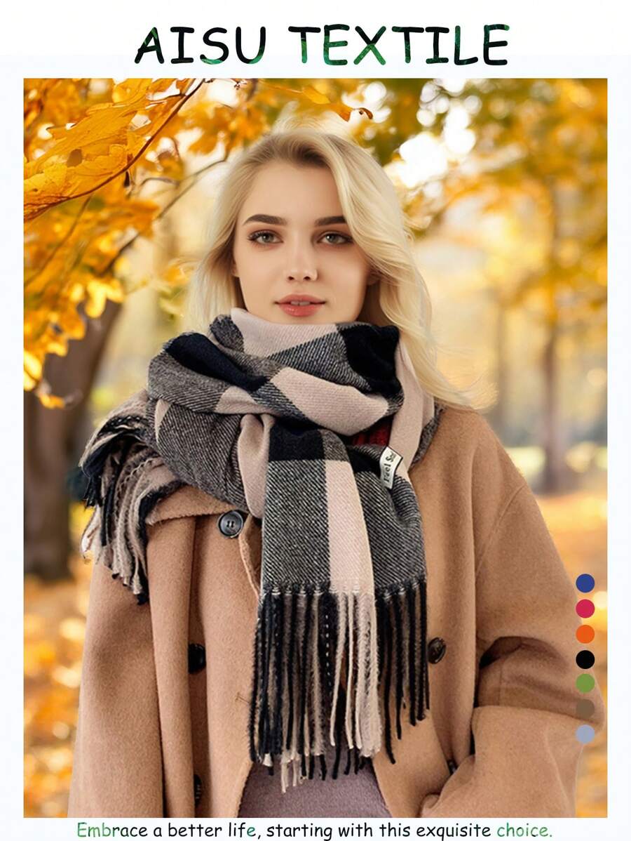 1 件女士格子围巾，超大披肩，非常适合办公室和日常穿着，冬季