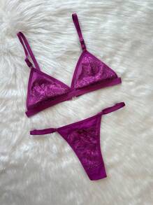 Mit. Lingerie Sexy Lingerie Set Without Pads In Transparency Tulle With Adjustable Panties - Purple - View 2