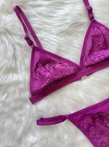 Mit. Lingerie Sexy Lingerie Set Without Pads In Transparency Tulle With Adjustable Panties - Purple - View 1