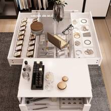 ECACAD Bedroom Island With Glass Top, Checkroom Island Table Glass Display Shelf & 6 Drawers, Wooden Closet Storage Cabinet With Open Shelves For Bedroom