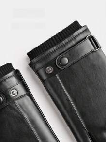 1 双女式 PU 皮革纯黑色保暖内衬户外骑行滑雪保暖手套，短指触屏手套，款式优雅 - 黑色 - 查看 9