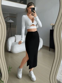 Falda mujer larga ajustada casual talle alto con abertura en pierna Negro - Negro - Ver 6