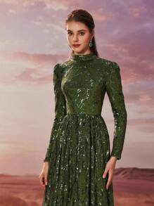 YISIKADO 女士亮片正式晚礼服奢华闪亮舞会派对礼服长袖高领端庄长裙舞会礼服婚礼宾客晚宴毕业典礼 - 彩色 - 查看 7