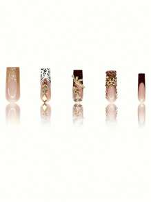 24Pcs Long Coffin Nail Patch Gold Glitter Powder Leopard Print French Three-Dimensional Gold Flash Drill Gold Bow Drill Asymmetrical Gold Drill 3D Gold Drill Love Pendant Drill Cool Gun Metal Drill Press-On Nails Suit (With: A Piece Of Jelly Glue 1 Root Rubbing Strip) Suitable For Women'S Daily Date Party Party Press On Nails Nail Supplies Nails - Multicolor - View 2