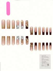 24Pcs Long Coffin Nail Patch Gold Glitter Powder Leopard Print French Three-Dimensional Gold Flash Drill Gold Bow Drill Asymmetrical Gold Drill 3D Gold Drill Love Pendant Drill Cool Gun Metal Drill Press-On Nails Suit (With: A Piece Of Jelly Glue 1 Root Rubbing Strip) Suitable For Women'S Daily Date Party Party Press On Nails Nail Supplies Nails - Multicolor - View 3