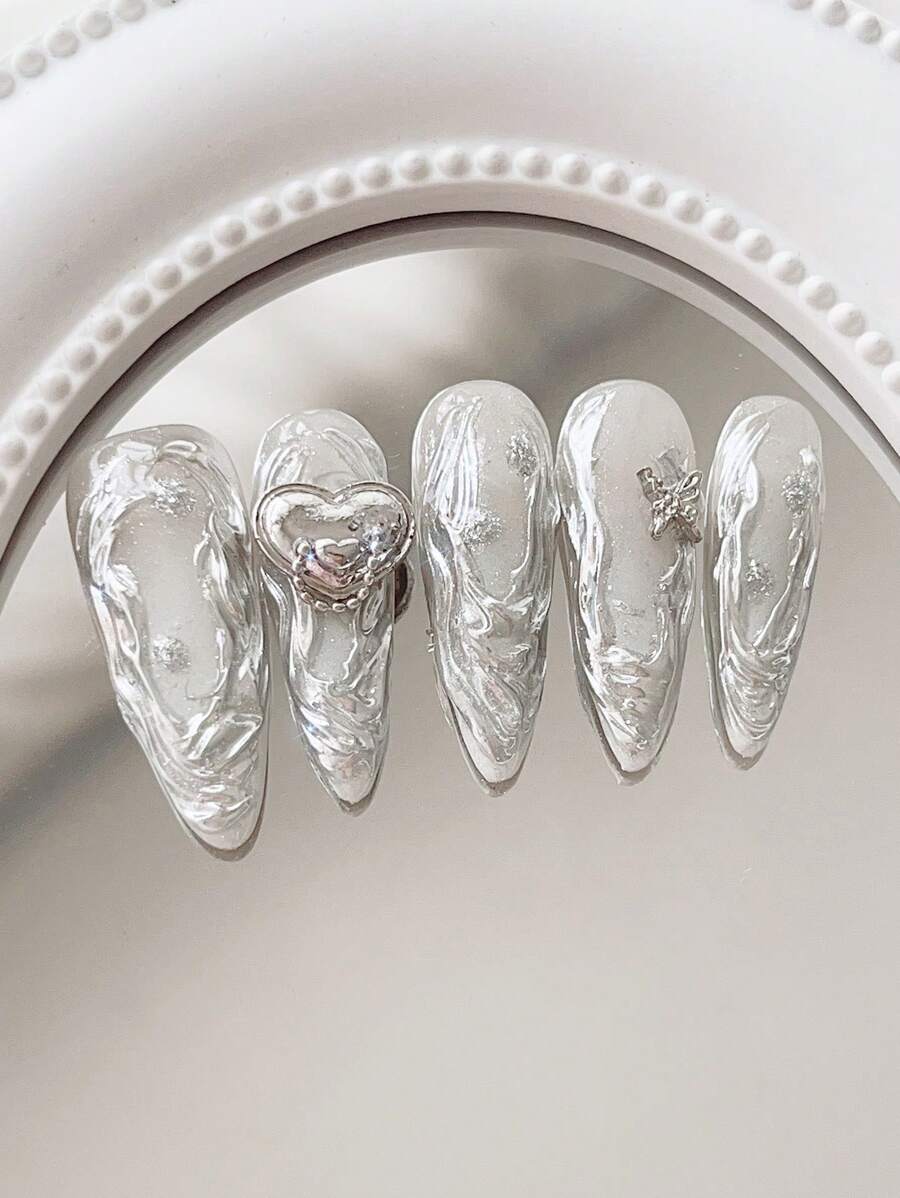 10pcs Silver Metallic Liquid Metal Nail Art Stickers, Almond Shaped