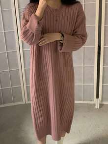 Vestido de punto unicolor de hombros caídos tejido de canalé