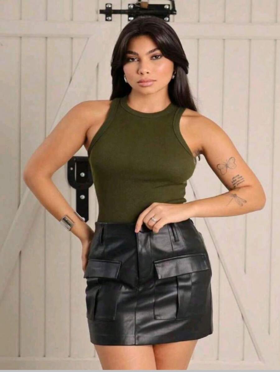 Women's Basic Ribbed Tank Top, Plain Ribbed, Summer Fashion - xanh quân đội - Xem 1