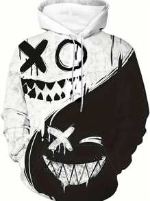 男士3D数码印花休闲运动连帽衫，创意笑脸图案，街头风图案设计套头连帽卫衣，带口袋，是秋季送礼佳品，长袖上衣